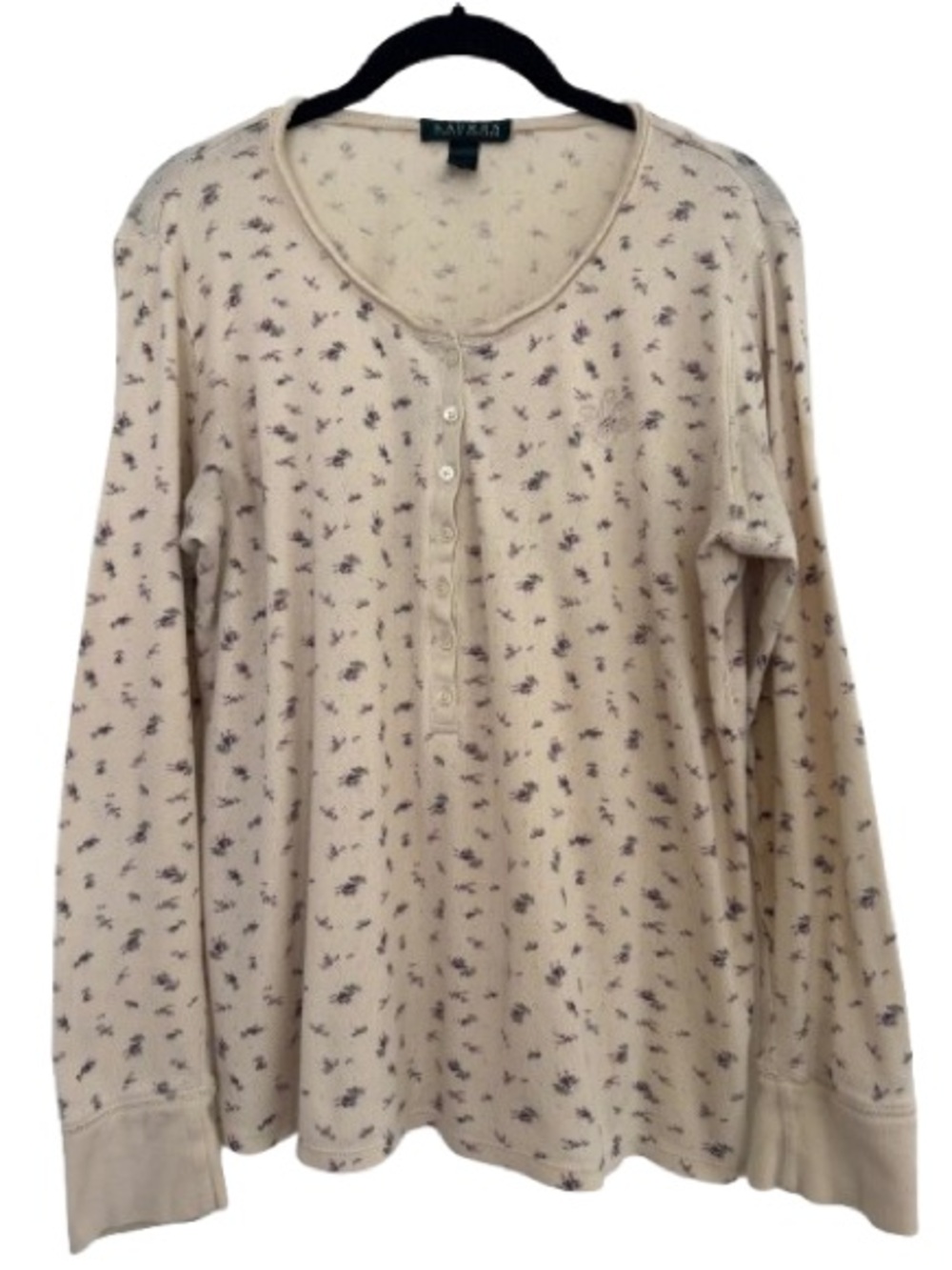 Lauren Ralph Lauren Floral Henley Long Sleeve Pointelle Knit Shirt Cotton Cream